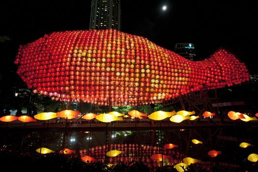 HONG KONG - SEPT 13,  Victoria Park Mid-Autumn Lantern Carnival on 12 September; 2011 in Victoria Park; Hong Kong. It is one of the celebration event in Mid-Autumn Festival this year. 
