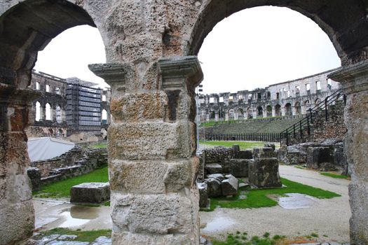The inside of the ruins of the coloseum in Pula, Croatia 