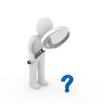 3d man magnifying glass question mark blue search
