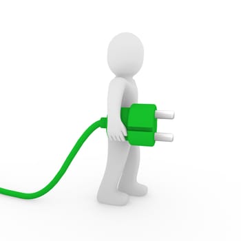 3d human man plug green cable socket power