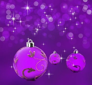 Purple christmas background with decorative bauble balls