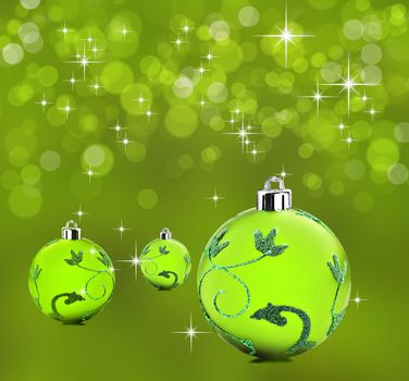 Green christmas background with decorative bauble balls