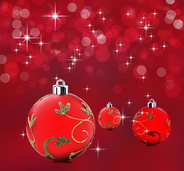 Red christmas background with decorative bauble balls