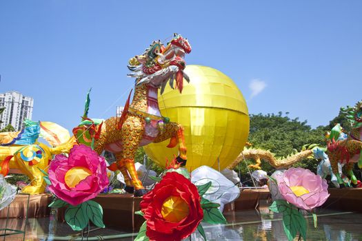 HONG KONG - SEPT 12; New Territories West Mid-Autumn Lantern Carnival on 12 September; 2011 in Tin Shui Wai; Hong Kong. It is one of the celebration event in Mid-Autumn Festival this year.