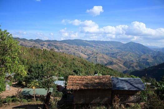 Mountain valley on blue sky