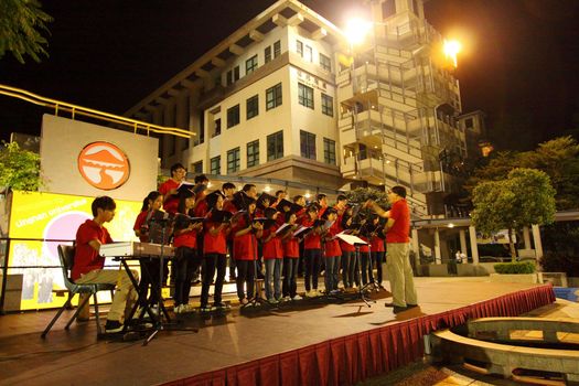 HONG KONG - 24 AUG, Lingnan University holds new student orientation every year to welcome freshmen on 24 August, 2011, Hong Kong. Christian Choir is singing to attract students to join their society. 
