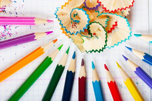 Macro view of colorful pencils and peels