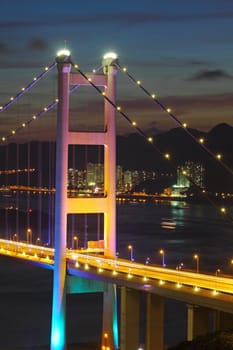 Tsing Ma Bridge at night, close-up.