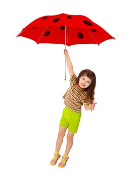 The little girl is flying on the umbrella - ladybird isolated on white background