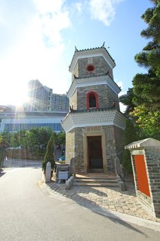 Tsui Sing Lau Pagoda (Hong Kong's only ancient pagoda) in Ping Shan Heritage Trail, Hong Kong.  Signposts can be found along the trail to guide the visitors. 