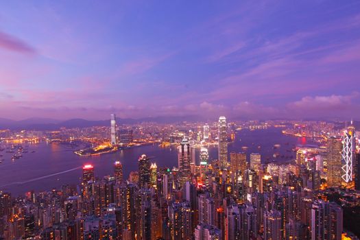 Hong Kong with many office buildings at sunset