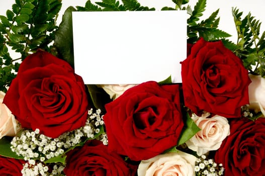 Bouquet of rose flowers with a blank gift card, write your own tekst.