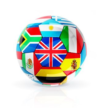 Soccer ball from flag with reflection and shadow on white background. 3D render