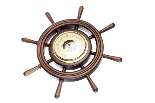 Wooden rudder with barometer on white background