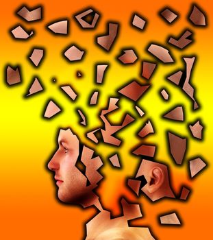 Conceptual image showing a mans mind that is cracking up.
