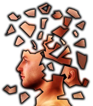 Conceptual image showing a mans mind that is cracking up.