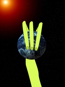 Conceptual image showing an alien hand that is grabbing the world.
