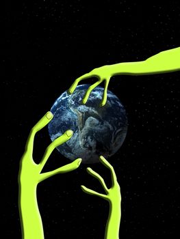 Conceptual image showing an alien hand that is grabbing the world.