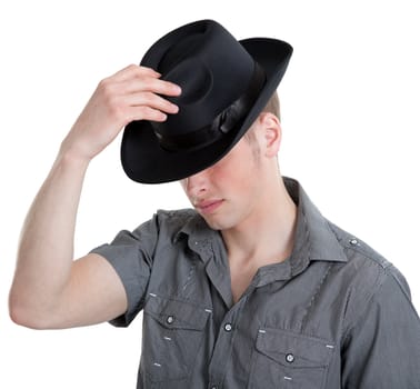 the guy in the black hat isolated on white with clipping path