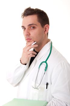 Male doctor with pen are thinking