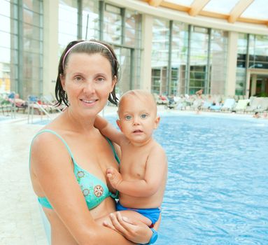 the mother and the baby boy in aquapark