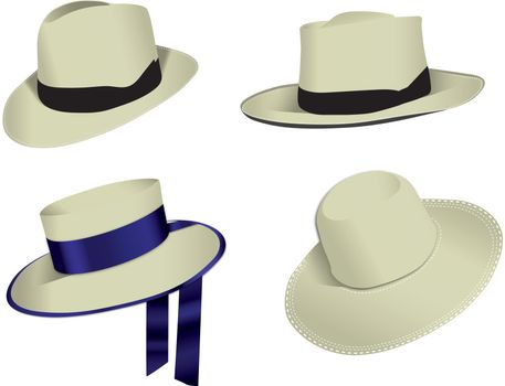 Four Panama hats isolated on white background, vector