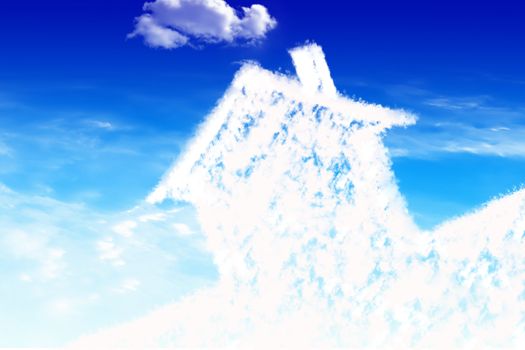 Eco house metaphor. House with sky and clouds