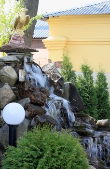 Falls, water, lantern, stone, sculpture, city, bushes