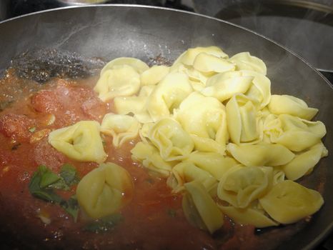 very hot tortellini with tomato sauce ready to be served at italian trattoria