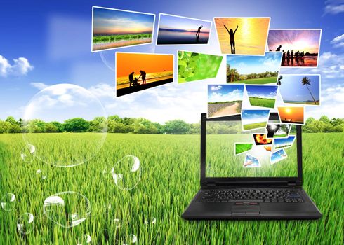 Multimedia concept with modern laptop on green field