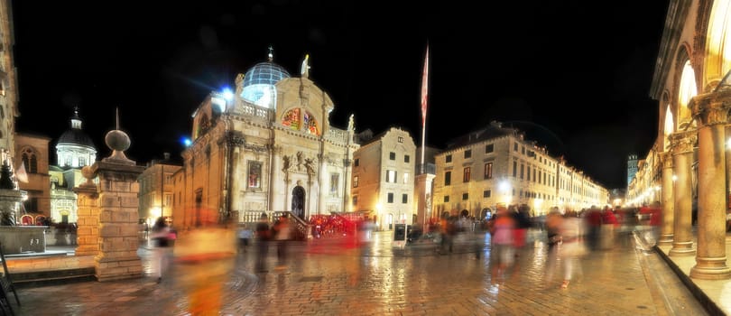 Hot Evening Old Town Square in Dubrovnik. Croatia. Panorama