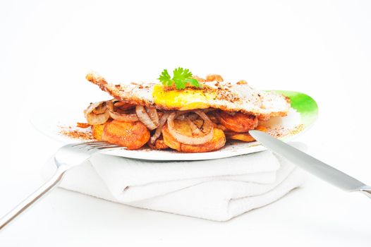 Plate with fried potatoes and fried egg