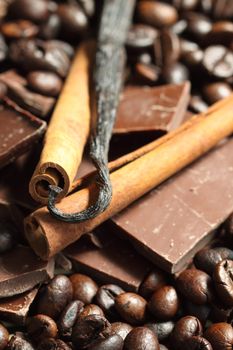 close up of chocolate and coffee beans, shallow dof 