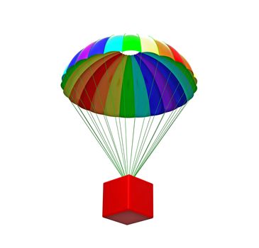 Rainbow parachute with package isolated on white 3d render