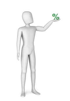 3d man holding in hand green percentage on a white background