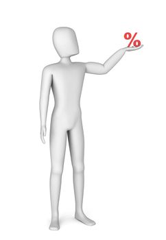 3d man holding in hand red percentage on a white background