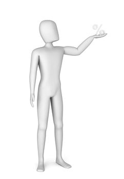 3d man holding in hand silver percentage on a white background