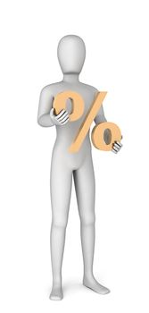 3d man holding in hands golden percentage on a white background