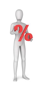 3d man holding in hands red percentage on a white background