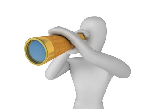 3D Man Looking Through in Spyglass on white background