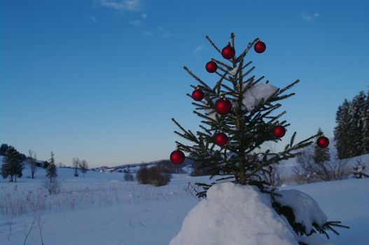 baubles  on a Christmas tree outside in a snowy landscape