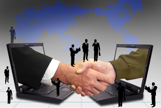 Hand shake between a businessman and a laptop