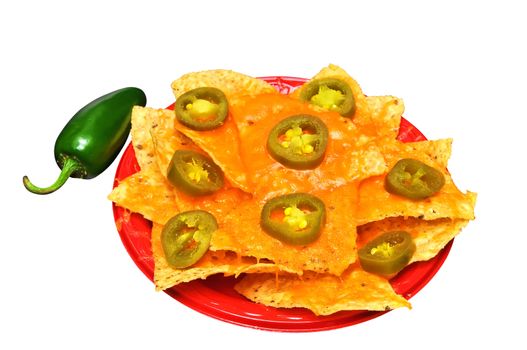 Plate of nachos with jalapeno pepper isolated on white background with clipping path.