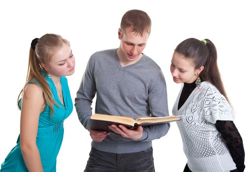 Three young men are preparing for the exam at school. Isolated on white background