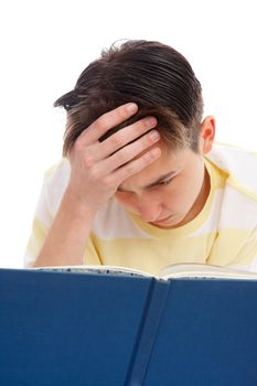 A teenage student reading and studying for exams.  White background.