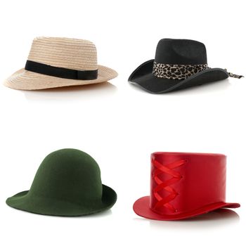 Set of assorted hats on white background.