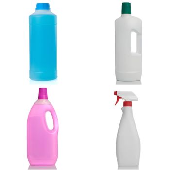 Set of assorted plastic bottles on white background.