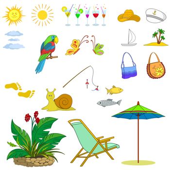 set of the objects represent summer, exotic and a beach