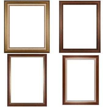 Four antique picture frames isolated on white background.