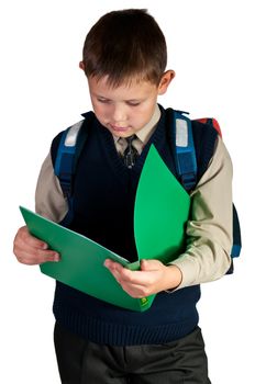 Schoolboy. Isolated over white background. The boy is dressed in a vest.